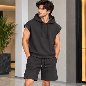 ชุดเซ็ตเสื้อฮู้ดแขนกุดและกางเกงขาสั้นสำหรับผู้ชาย Jerry Wear รุ่น Autumn Knitted สไตล์สปอร์ตแคชชวล ผ้าถัก ทรงหลวม ไหล่ตก ผลิตจากโพลีเอสเตอร์/คอตตอน แห้งเร็ว - Product Image 3