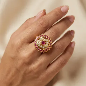 Anillos de Cóctel con Perlas Jadau Indias al por Mayor para Mujer, Joyería de Moda Ajustable Chapada en Oro Kundan Tradicional - Product Image 6