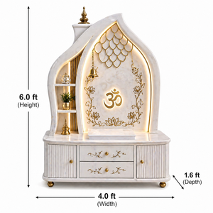 Mandir de Pooja de Mármol Blanco Ecológico Hecho a Mano de Primera Calidad para el Hogar |   Templo de Lujo Iluminado con LED, Diseño de Loto OM con Incrustaciones de Oro - Product Image 2