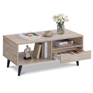 Tavolino da Caffè Rustico in Legno Naturale con Cassetto e Ripiani Aperti per Soggiorno - Product Image 3