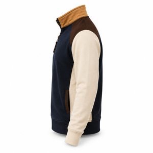 Custom Men's <b>Navy</b> Blue Quarter Zip Fleece <b>Sweatshirt</b> Beige Raglan Sleeves Stand Collar Casual Winter Pullover - Product Image 4