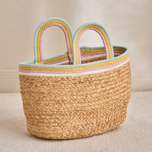 Oval-shaped water hyacinth <b>basket</b> <b>with</b> cotton <b>handle</b> Handmade Storage <b>Basket</b> Wholesale eco-friendly Made in Vietnam - Product Image 1