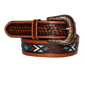 Unique Wave <b>Tooling</b> Pattern Western Leather Hand <b>Tooling</b> <b>Belt</b> for Cowboy Cowgirl With Silver Plated Heavy Duty Floral Buckle Set - Product Image 1