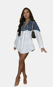 Robe chemise femme bicolore en denim et coton avec cordon de serrage à la taille - Product Image 3
