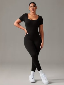 One-Piece Short Sleeve Sculpting Gym Bodysuit | Breathable <b>Polyester</b> Spandex Athletic <b>Tracksuit</b> | Seamless Workout Outfit - Product Image 2