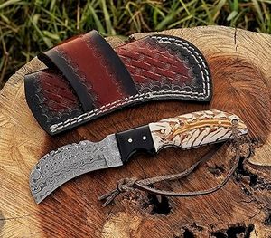 มีดทำมือเหล็กดามัสกัสเกรดอุตสาหกรรม ใบมีดแบบ Fixed Blade ปลายแหลม สำหรับพกพาและตั้งแคมป์ ด้ามจับรูปทรงกรวยสน พร้อมปลอกมีด - Product Image 1