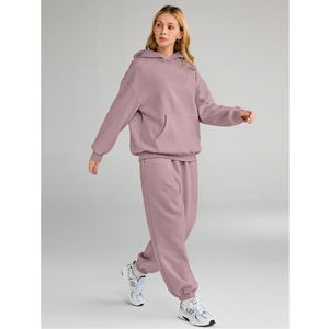 Conjunto deportivo de dos piezas para mujer, color rosa polvoriento, sudadera con capucha extragrande y pantalones jogger, ropa deportiva informal de lana para invierno, para el gimnasio. - Product Image 1