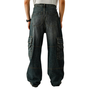 Jean cargo en coton pour homme, coupe droite, denim délavé foncé, taille mi-haute, fermeture éclair avant, bouton, cinq poches - Product Image 2
