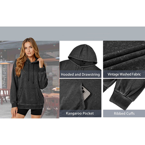 High Quality Acid Washed Women's Casual Wear Hoodies <b>Black</b> Color 100% Cotton Pullover Hip Hop Outdoor Washed Fashionable Hoodies - Product Image 5