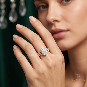 Elongated Round Lab Grown Diamond Cluster <b>Ring</b> With Triple <b>Split</b> Shank, Full Pave Strands Elevated Center Prong Set Promise <b>Ring</b> - Product Image 1