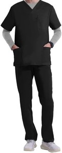 Haut de blouse médicale noir pour homme à col en V avec poches avant, uniforme d'hôpital, tissu tissé en mélange coton-polyester - Product Image 6