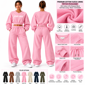 Ensemble sweat-shirt et pantalon de survêtement pour femme, coupe ample, col en V, couleur unie, hiver, haute qualité, personnalisé |   Ensemble jogging 2 pièces 100% coton - Product Image 3