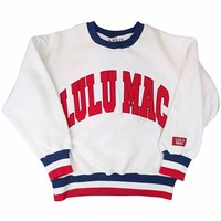 Sweat-shirt blanc à col rond Lulu Mac avec broderie rouge et lettres imprimées, coupe ample unisexe, pull décontracté en tricot 100% coton pour l'automne