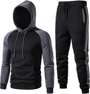 Wholesale Colorblock Tracksuit Men's Black <b>Red</b> Raglan <b>Hoodie</b> Jogger Pants 2 Piece Fleece Athletic Training Streetwear Casual Set - Product Image 3