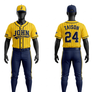 Premium 260 GSM Polyester <b>Baseball</b> Uniform Yellow Navy Pinstripe Sublimation Embroidery Custom Logo - Product Image 1