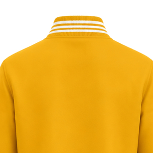 Custom Yellow Gold Varsity Letterman Jacket with <b>White</b> Striped Rib Collar Snap <b>Buttons</b> and Embroidered Greek Crest Logo Apparel. - Product Image 3