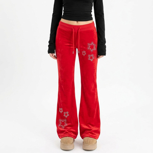 Pantalon évasé en velours rouge pour femme, style Y2K, taille basse, cordon de serrage, étoile en strass, coupe large - Product Image 1