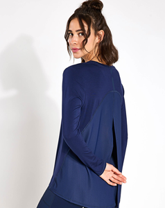 Lightweight Women's Navy Blue Crew Neck Long Sleeve Yoga <b>Top</b> Open <b>Back</b> Breathable Stretch Solid Color Skinny <b>Low</b> Cost - Product Image 3