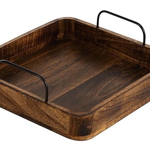 Acacia Wood Serving Tray with Metal Handles, Large Square Wooden Tray for <b>Coffee</b> <b>Table</b>, <b>Rustic</b> Wood Food Platter for Breakfast - Product Image 1