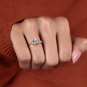 14K Gold Pear Cut Lab Grown Diamond Three Stone <b>Cluster</b> Engagement Ring Women's Custom IGI Certified Vintage Kirti Jewels - Product Image 5