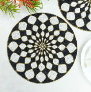 Black and White Geometric Mandala Beaded Placemat Gold Border <b>Round</b> Table Decor Modern Boutique Wholesale Artistry By PR India - Product Image 1