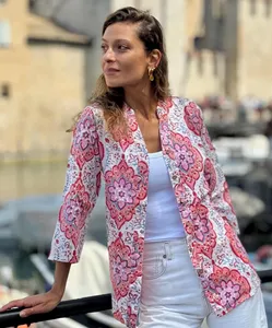 Women’s Boho Chic White Floral Cotton Shirt Pink <b>Red</b> Print Long Sleeve Soft Fabric Summer Casual <b>Blouse</b> - Product Image 1