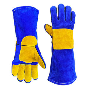 Blue Yellow Leather Welding <b>Gloves</b> With Fleece Lining Stick Welding Type A Splash Resistant <b>Long</b> Cuff - Product Image 6