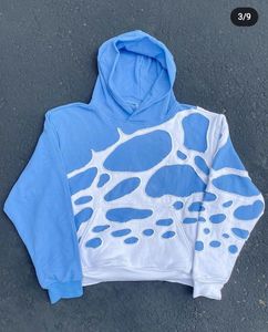 เสื้อฮู้ดครอปสีฟ้าอ่อนขาว คุณภาพพรีเมียม สำหรับทุกเพศ ทรงโอเวอร์ไซส์ ลายเว็บแบบตัดเย็บขาดๆ  ขายส่ง - Product Image 1