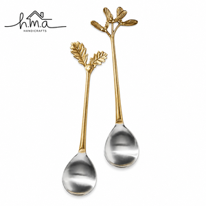 <b>Gold</b> Finish Brass <b>Spoon</b> Set with Long Straight Handles Butterfly Shape Tops Oval Bowl Elegant Tea Coffee and Dessert <b>Serving</b> Cut - Product Image 4