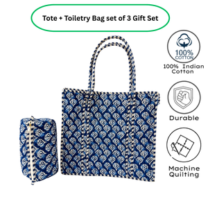 Bolsa de Mano Acolchada de Algodón con Estampado Jaipur Azul y Blanco + Set de Bolsa de Aseo, 3 Cierres, Hecha a Mano, Plegable, Ecológica y Ligera - Product Image 3