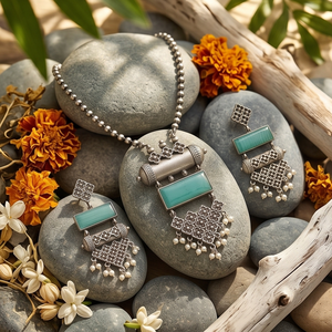 DIVYORO TURQUOISE RECTANGLE <b>STATEMENT</b> OXIDIZED SILVER <b>NECKLACE</b> and EARRING SET for WOMEN ADJUSTABLE LENGTH ANNIVERSARY - Product Image 3