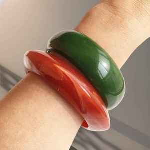 Round Resin Bangle Set Green and Red Wide Smooth Polished Bracelet Handmade Fashion <b>Jewelry</b> for Women Natural Resin Crafts - Product Image 2