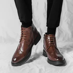 New Fashionable Winter Patent Leather Brogue Ankle Boots Men's Lace up High Tops For Men <b>Flats</b> Everyday All Match Shoes - Product Image 4