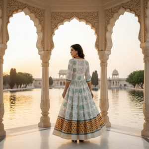 Traje indio de algodón con estampado floral amarillo y blanco para mujer |   Salwar Kameez Punjabi de Alta Calidad con Estampado a Mano |   Conjunto de Ropa Casual Étnica - Product Image 3