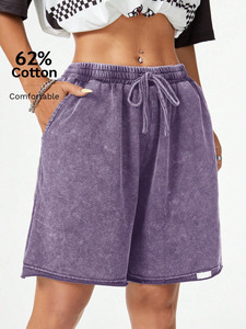 Shorts de Algodón de Cintura Alta para Mujer, Color Morado Sólido, con Cordón Ajustable, Corte Holgado, Casual, Transpirable, Estilo Lavado a la Arena - Product Image 6