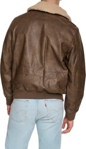 Blouson aviateur en cuir véritable marron pour homme, col rabattu, fermeture éclair, doublure en fausse fourrure, vêtement d'hiver - Product Image 3