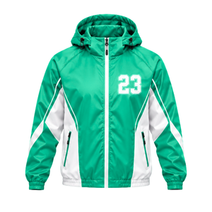 Chaqueta deportiva hecha a medida con capucha, detalles de rayas en contraste, cremallera frontal y gráfico con número para clubes y equipos deportivos. - Product Image 1