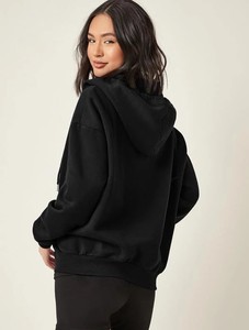 Women <b>Black</b> Oversized Fleece <b>Hoodie</b> <b>Zipper</b> Front Regular Sleeve Solid Color Casual Autumn Wear 100% Cotton Knitted Breathable - Product Image 3