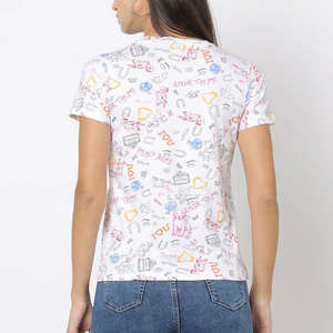 T-shirt blanc à imprimé doodle pour femme, coupe décontractée, doux, respirant, graphique, tendance, été - Product Image 4