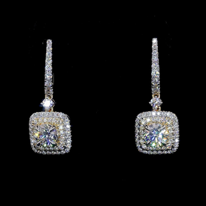 Double Halo Cushion Shape ICED Out Lab Grown Diamond Dangler Earrings Bridal Wedding Minimalist 14K Gold Rhodium Plated - Product Image 1