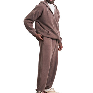 ODM Wholesale Custom Streetwear Full <b>Zip</b>-Up Hoodie & Pants Set Solid Color Vintage Acid Wash Tracksuits Made By Ascent Sports - Product Image 2