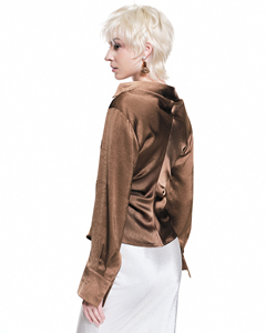 Slim Fit <b>Satin</b> <b>Blouse</b> Lace-Up Front for Unisex Regular Fit ODM-supplied Floral Pattern Bell Sleeves Breathable Illusion Detail L - Product Image 2