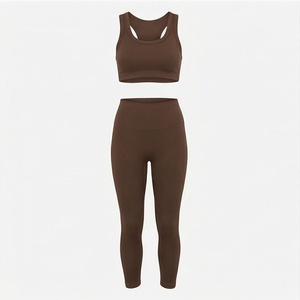 <b>Women</b> Brown Ribbed Racerback Crop Top High Waist <b>Leggings</b> 2 Piece Set Solid Yoga Outfit - Product Image 1