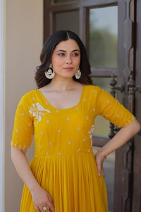 Exclusive Indian Wedding and Festival Wear Anarkali Fancy Faux Blooming Material Gowns with <b>Beads</b> Embroidery Work Dress - Product Image 5