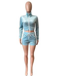 Women Flocking Side Stripe Lapel Zipper Jacket+Drawstring Shorts Matching Simple Outfits Sporty Tracksuits 2-Piece Set <b>Velvet</b> - Product Image 3