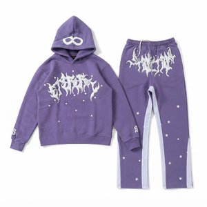 Conjuntos de chándal con capucha morados personalizados para hombre con logo blanco y estampado de estrellas, mangas largas, ropa de calle para adultos, ropa de otoño de algodón. - Product Image 1
