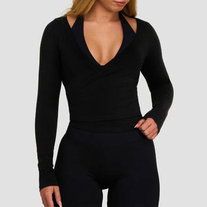 Camiseta Deportiva de Manga Larga para Mujer, Cuello en V Profundo, Color Sólido, para Correr, con Orificios para Pulgares, Sin Costuras, Venta al Por Mayor - Product Image 1