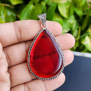 Large Red Onyx Teardrop Pendant <b>Necklace</b> Brass Ornate Vintage <b>Boho</b> Ethnic Statement Jewelry Gift for Women - Product Image 3