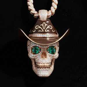Hiphop Style Skull <b>Pendant</b> With <b>Emerald</b> Eyes Diamond Accents 18K Gold Plated Men's Themed Charm - Product Image 4