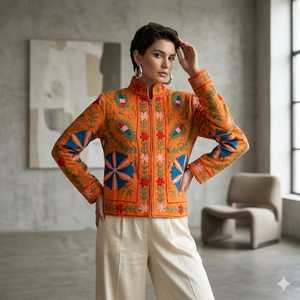 Suzani Embroidered Quilted Knitted Velvet Bomber <b>Jacket</b> Handcrafted Floral Boho Statement Wear Full Sleeve Eco-Friendly Autumn - Product Image 3